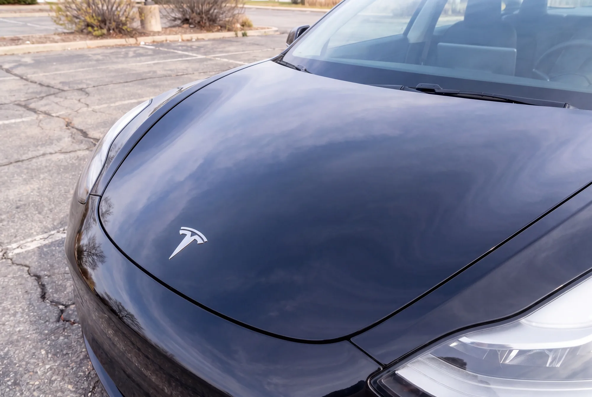 The same Tesla Model 3 hood after paint correction, with clear reflections and gloss